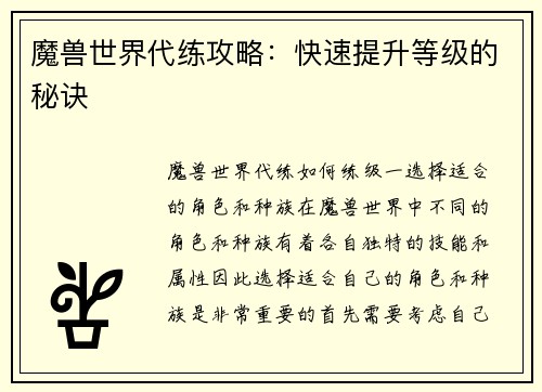 魔兽世界代练攻略：快速提升等级的秘诀